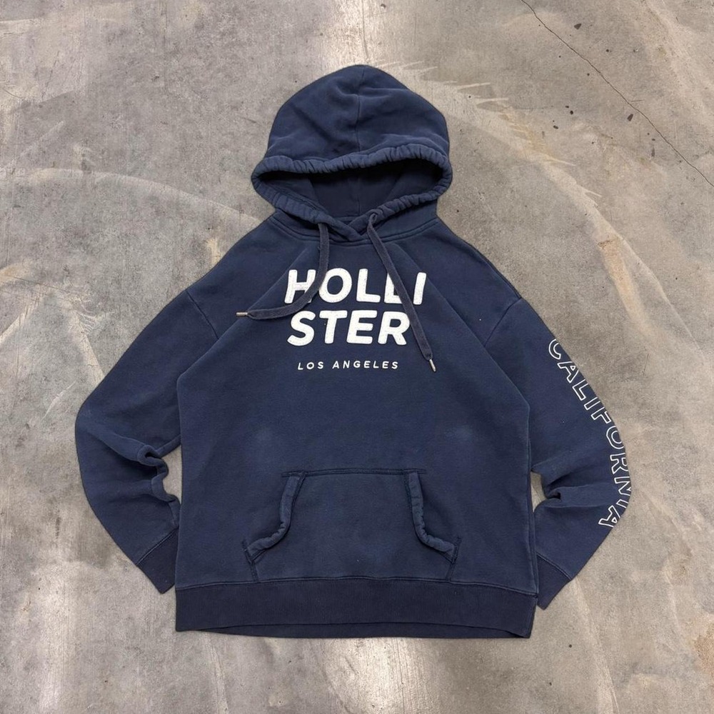 Hollister California Mens Navy Blue Pullover Hoodie Y2K Spellout Graphic Size L